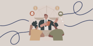 Ilustración de un abogado asesorando a una pareja sobre temas legales y financieros.