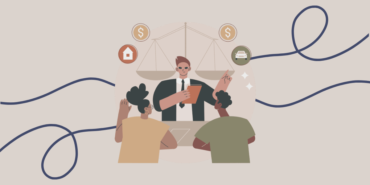 Ilustración de un abogado asesorando a una pareja sobre temas legales y financieros.